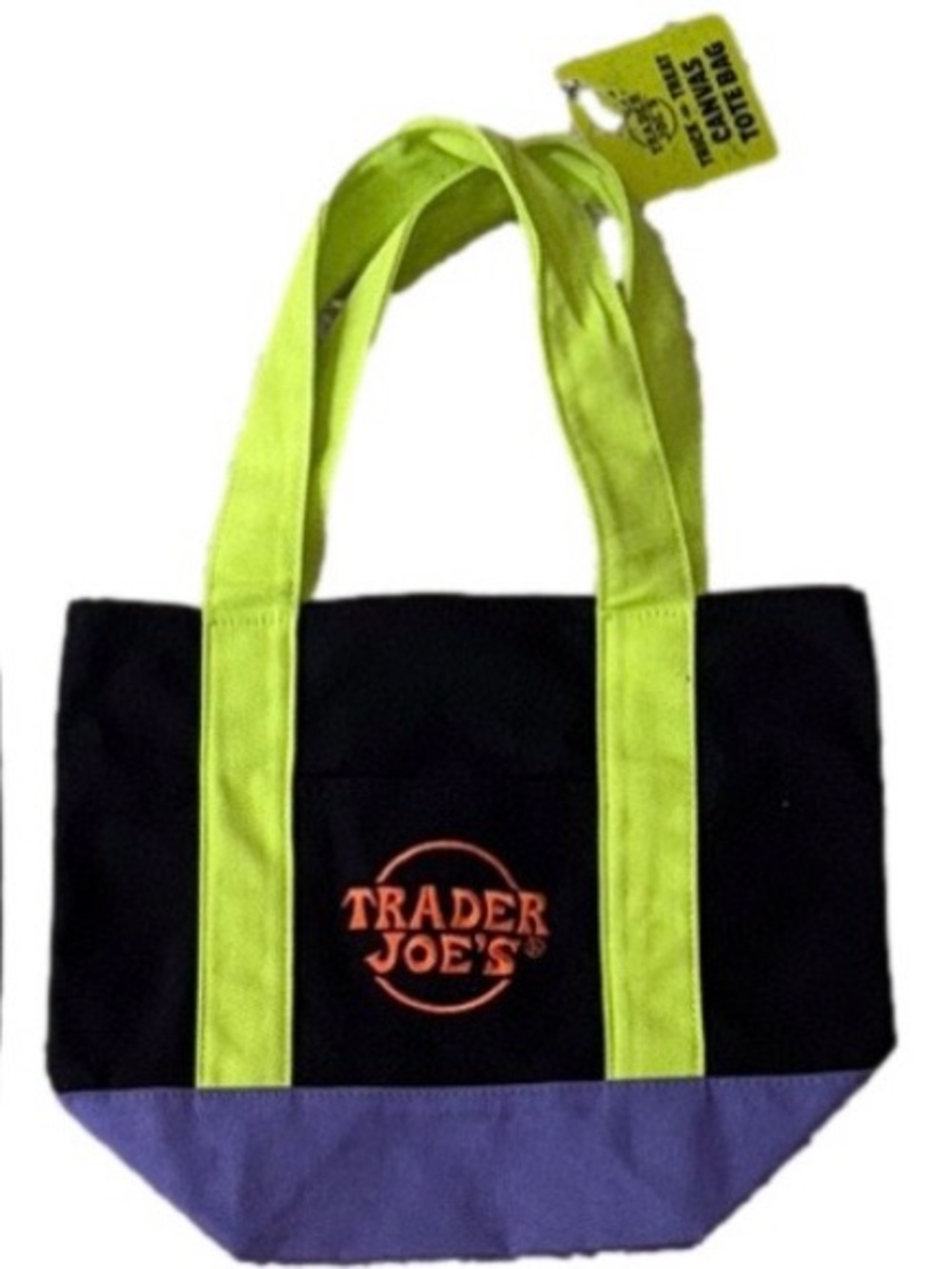 Trader Joe's Black Tote with Lime Handles and Purple Base